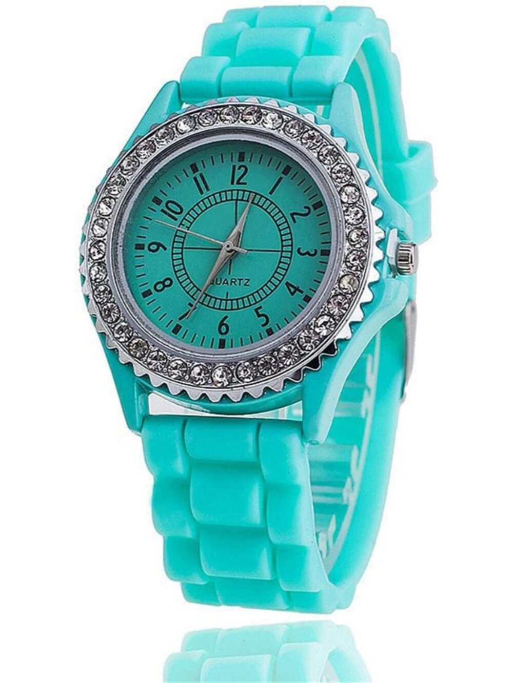 Women Mint Green Analog Quartz Silicone Band Lady Digital Rhinestone Wrist Watch